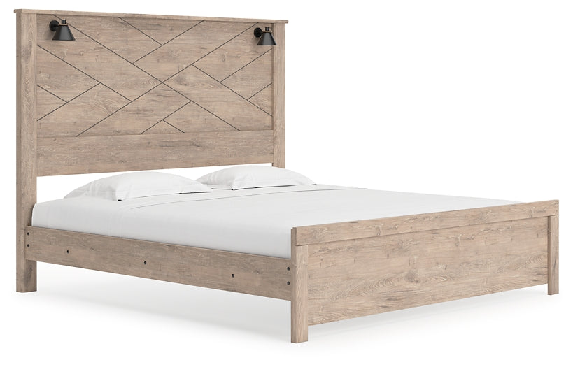 Cama Senniberg King con paneles, tocador con espejo y mesita de noche