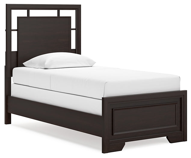 Cama Covetown Twin Panel con tocador con espejo y mesita de noche