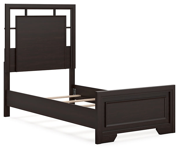 Cama Covetown Twin Panel con tocador con espejo y mesita de noche