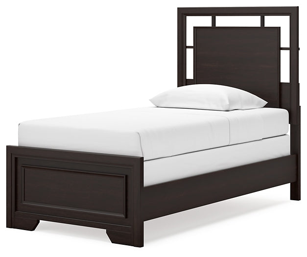 Cama Covetown Twin Panel con tocador con espejo y mesita de noche