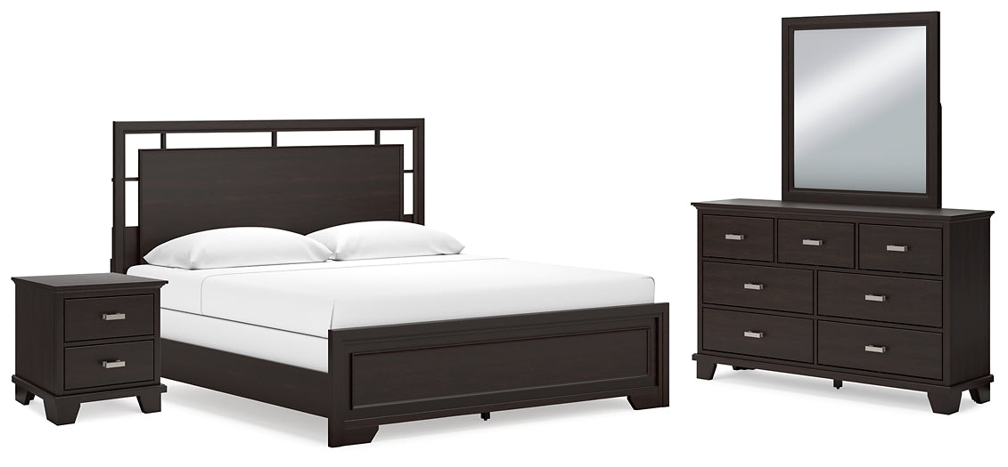 Cama California King con paneles, tocador con espejo y mesita de noche Covetown