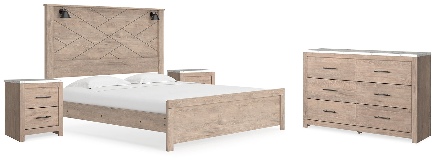 Cama Senniberg King con paneles, tocador y dos mesitas de noche