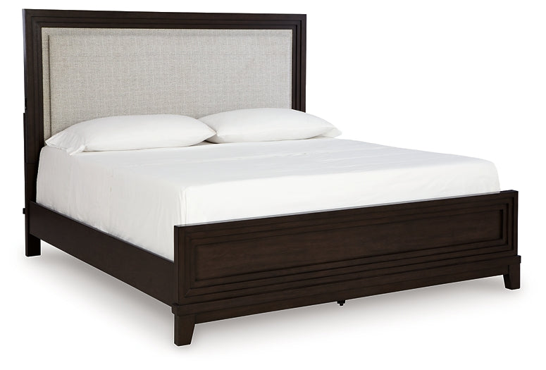 Cama California King con paneles tapizados, tocador con espejo y mesita de noche Neymorton