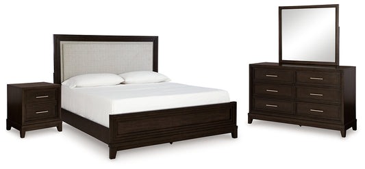 Cama California King con paneles tapizados, tocador con espejo y mesita de noche Neymorton