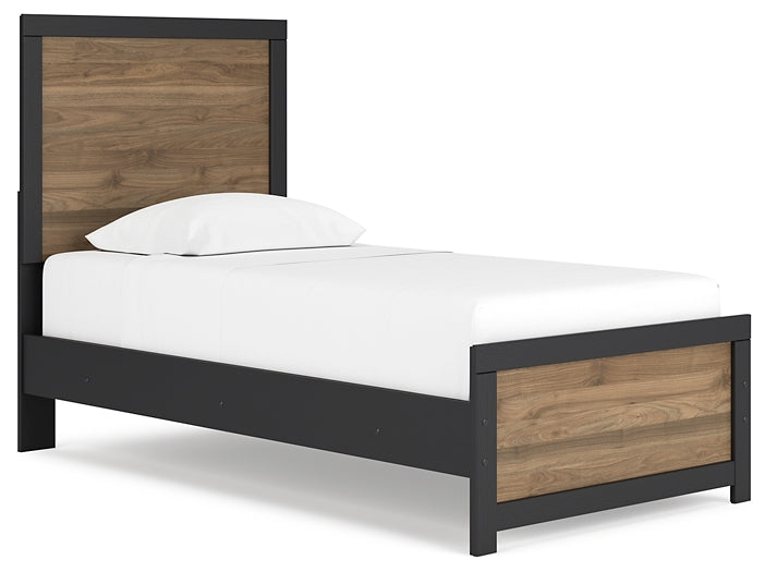 Cama Vertani Twin Panel con tocador con espejo, cómoda y mesita de noche