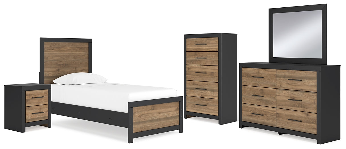 Cama Vertani Twin Panel con tocador con espejo, cómoda y mesita de noche