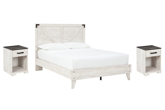 Cama Queen Shawburn con plataforma y dos mesitas de noche