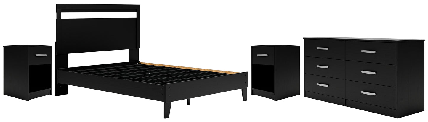 Cama Queen con plataforma y paneles Finch, tocador y dos mesitas de noche