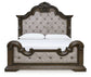 Cama California King tapizada Maylee con tocador con espejo y mesita de noche