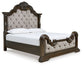 Cama California King tapizada Maylee con tocador con espejo, cómoda y dos mesitas de noche