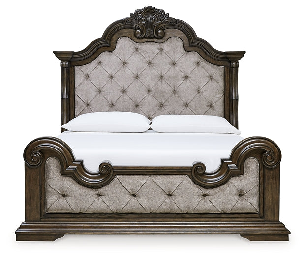 Cama California King tapizada Maylee con tocador y mesita de noche