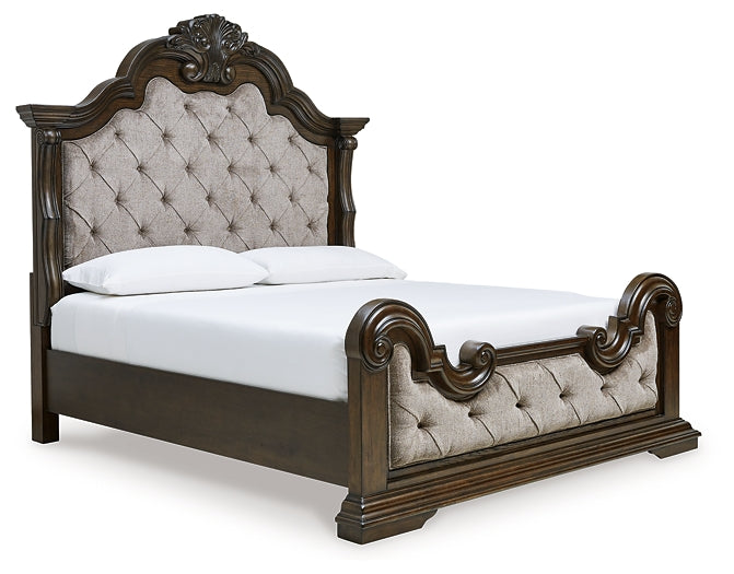 Cama California King tapizada Maylee con tocador y mesita de noche