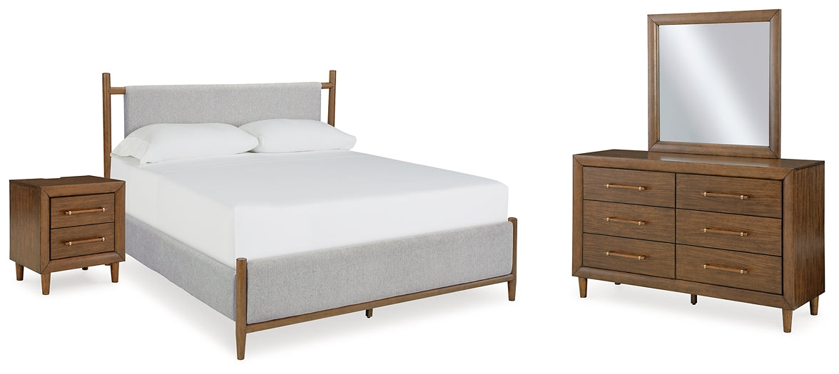 Cama California King tapizada Lyncott con tocador con espejo y mesita de noche