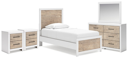 Cama Charbitt Twin con dos paneles, tocador con espejo y dos mesitas de noche