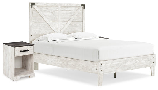 Cama de plataforma Shawburn con paneles completos y 2 mesitas de noche