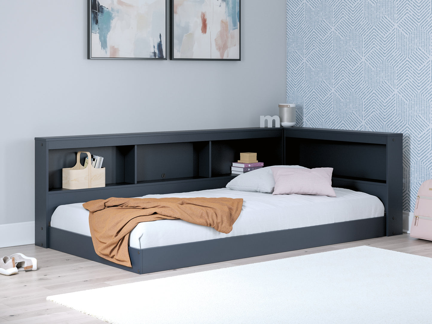 Cama con estantería y espacio de almacenamiento Simmenfort Twin