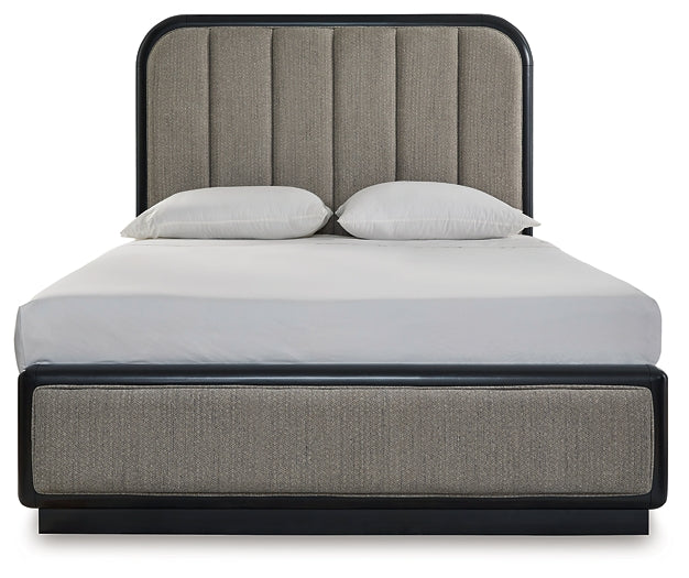 Cama Queen con paneles tapizados, tocador con espejo y mesita de noche Rowanbeck