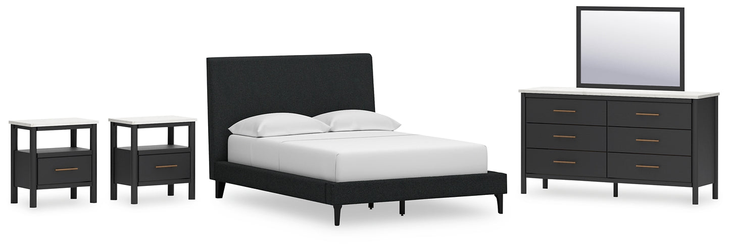 Cadmori Full Upholstered Bed with Mirrored Dresser and 2 Nightstands