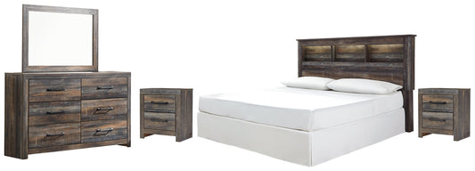 Drystan King/California King Bookcase Headboard with Mirrored Dresser and 2 Nightstands