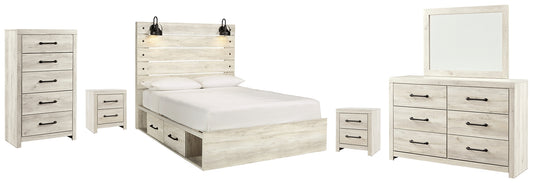 Cama Queen Cambeck con 4 cajones de almacenamiento, tocador con espejo, cómoda y 2 mesitas de noche