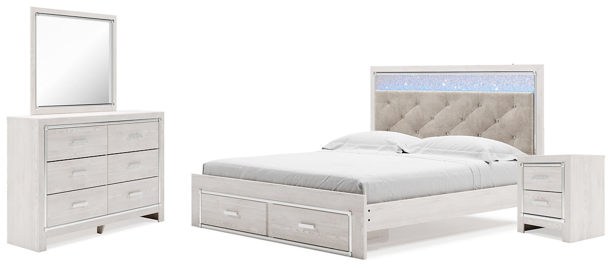 Cama King tapizada con espacio de almacenaje, tocador con espejo y mesita de noche Altyra