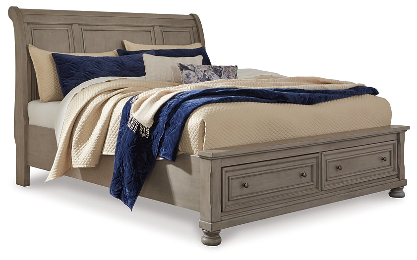 Lettner Queen Sleigh Bed with 2 Storage Drawers with Mirrored Dresser and 2 Nightstands