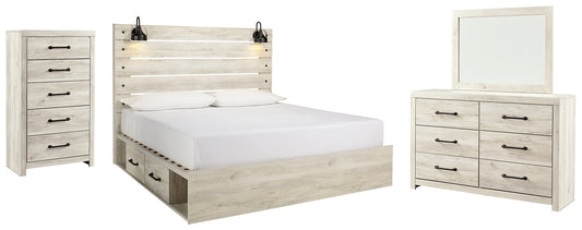 Cama King con dos cajones de almacenamiento, tocador con espejo y cómoda Cambeck