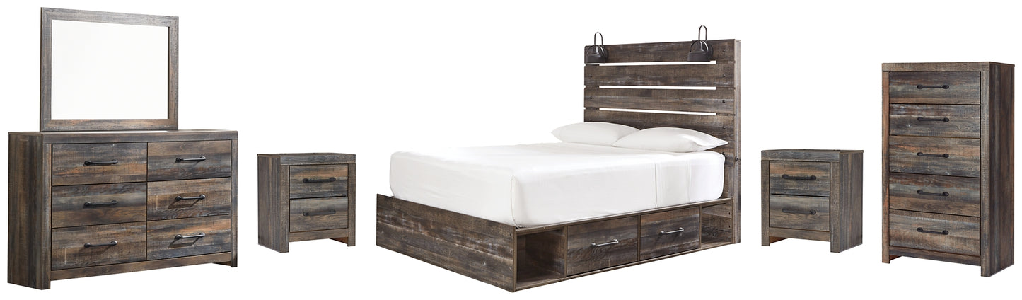 Cama Queen Drystan con 4 cajones de almacenamiento, tocador con espejo, cómoda y 2 mesitas de noche