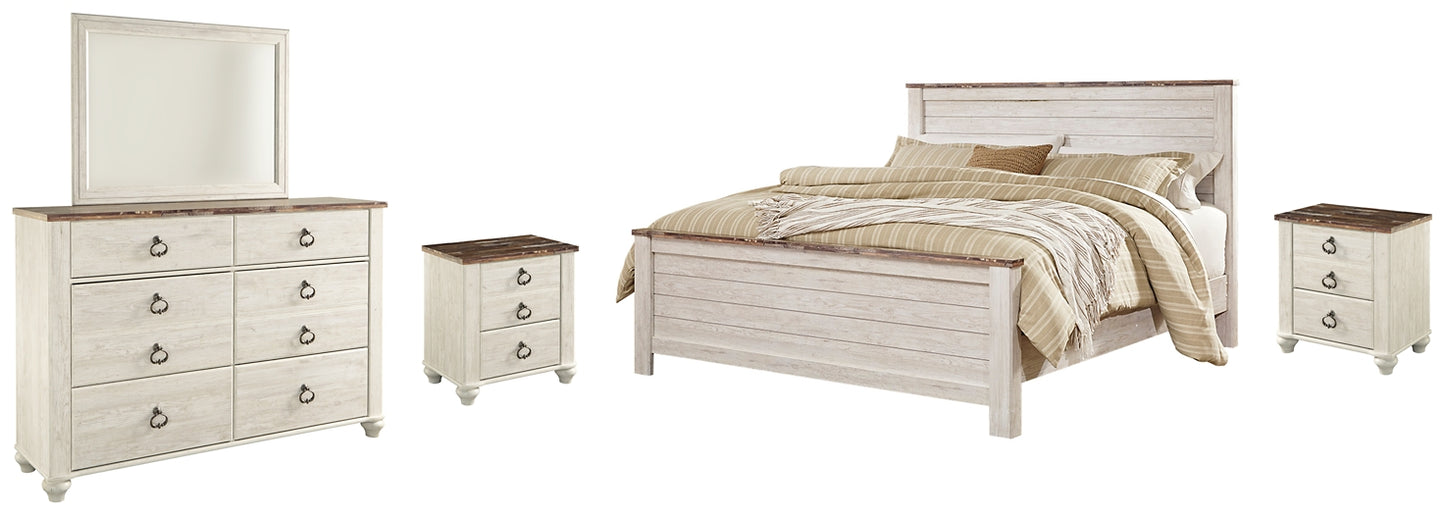 Cama California King con paneles Willowton, tocador con espejo y dos mesitas de noche