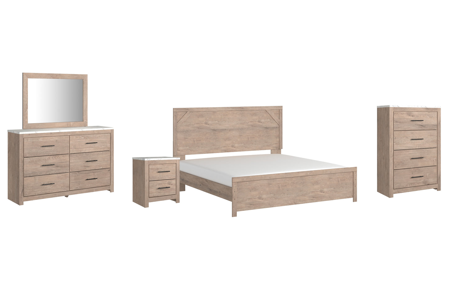 Cama Senniberg King con tocador con espejo, cómoda y mesita de noche