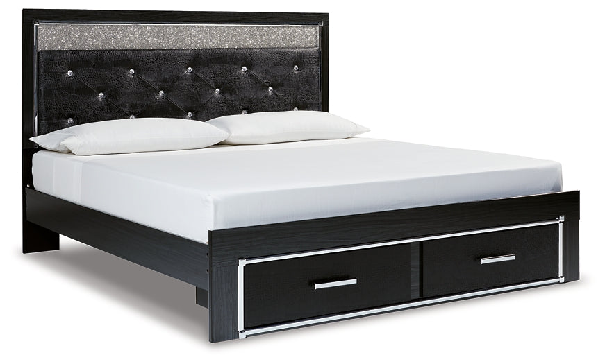 Cama tamaño king con paneles tapizados y cómoda con espejo Kaydell