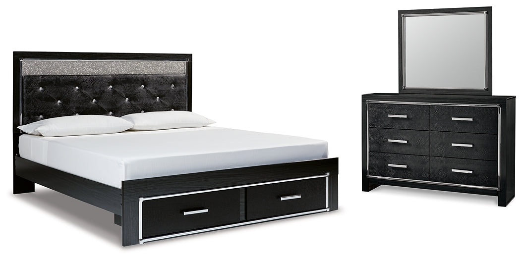 Cama tamaño king con paneles tapizados y cómoda con espejo Kaydell