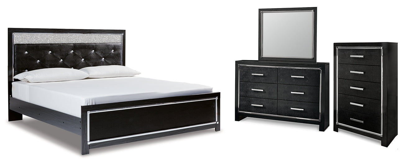 Cama tamaño king con plataforma tapizada y tocador con espejo y cómoda Kaydell