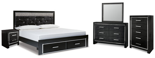 Cama tamaño king con plataforma de almacenamiento y paneles tapizados Kaydell con tocador con espejo, cómoda y mesita de noche