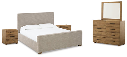 Cama Queen tapizada Dakmore con tocador con espejo y 2 mesitas de noche