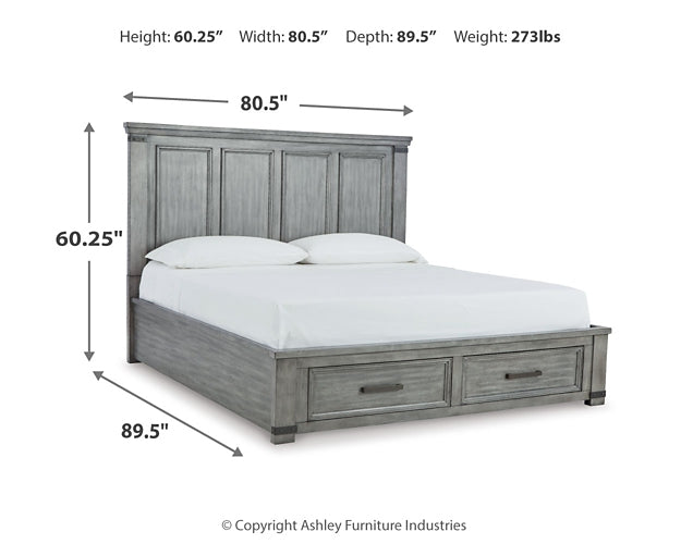 Cama California King con espacio de almacenaje y tocador con espejo Russelyn