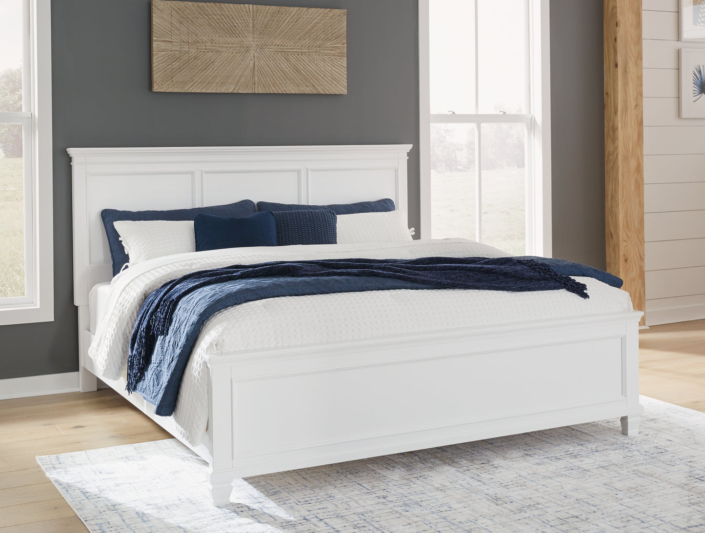 Cama California King Fortman con paneles, tocador con espejo, cómoda y dos mesitas de noche