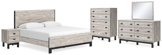 Cama Vessalli King con paneles, tocador con espejo, cómoda y mesita de noche