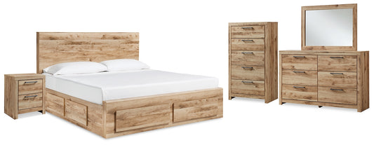 Cama Queen Hyanna con paneles de almacenamiento, tocador con espejo, arcón y mesita de noche