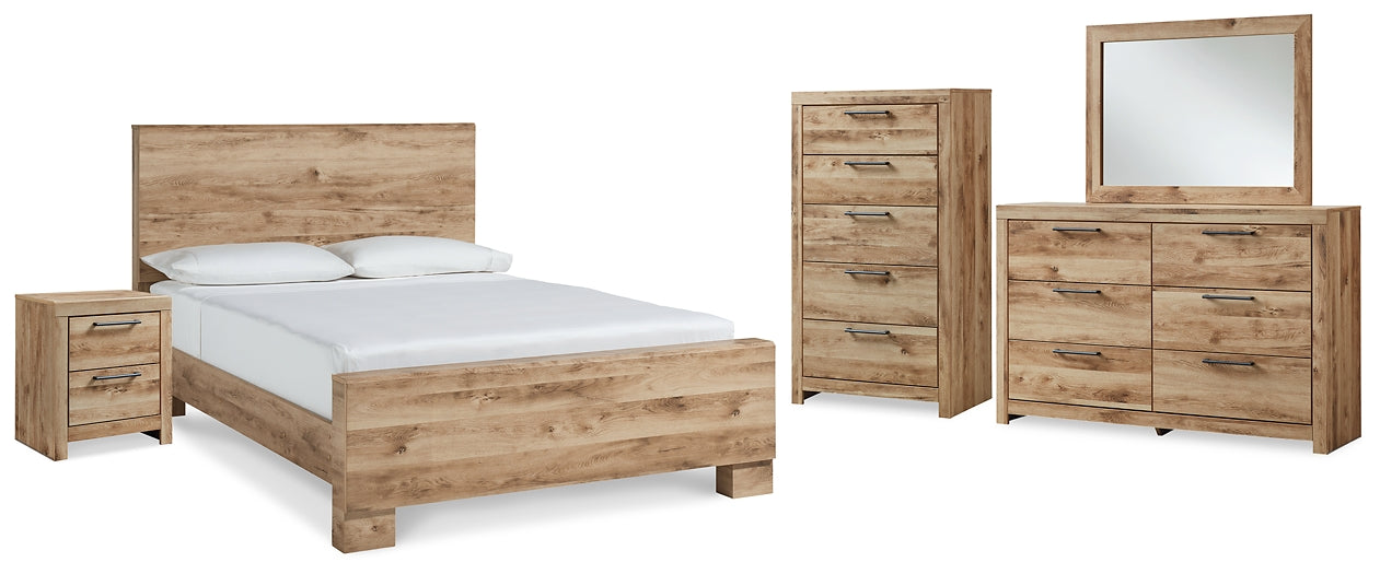 Cama King Hyanna con tocador con espejo, cómoda y mesita de noche