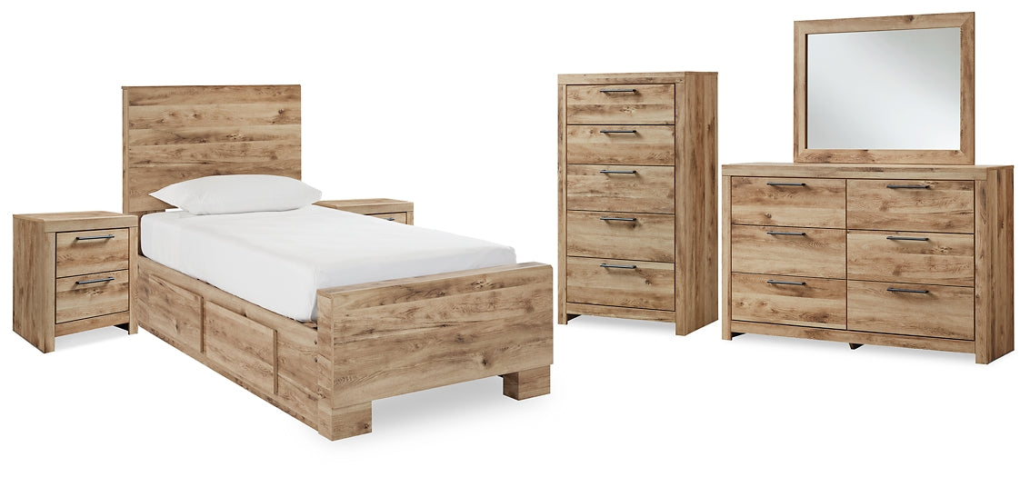 Cama Hyanna Twin con paneles y espacio de almacenaje, tocador con espejo, arcón y dos mesitas de noche