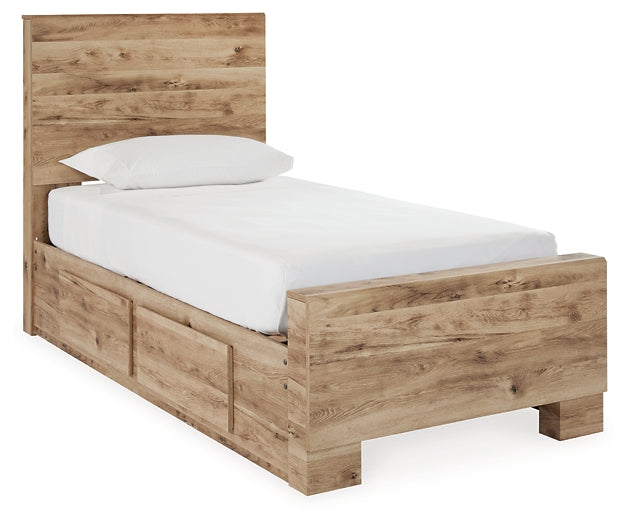 Cama Hyanna Twin con paneles y espacio de almacenaje, tocador con espejo, arcón y dos mesitas de noche