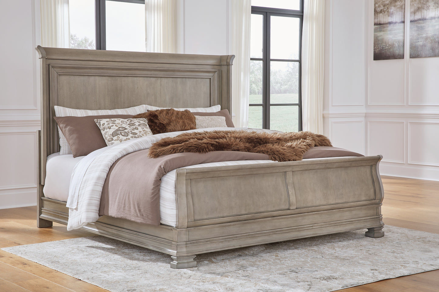 Lexorne King Sleigh Bed with Mirrored Dresser and 2 Nightstands