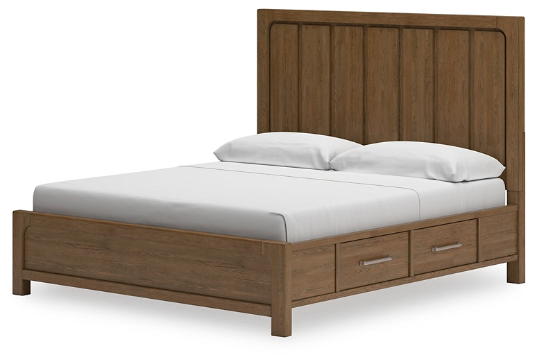 Cama California King con paneles y espacio de almacenaje, tocador con espejo y mesita de noche Cabalynn