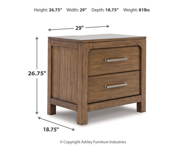 Cama California King con paneles y espacio de almacenaje, tocador con espejo y mesita de noche Cabalynn