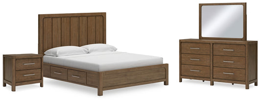 Cama California King con paneles y espacio de almacenaje, tocador con espejo y mesita de noche Cabalynn