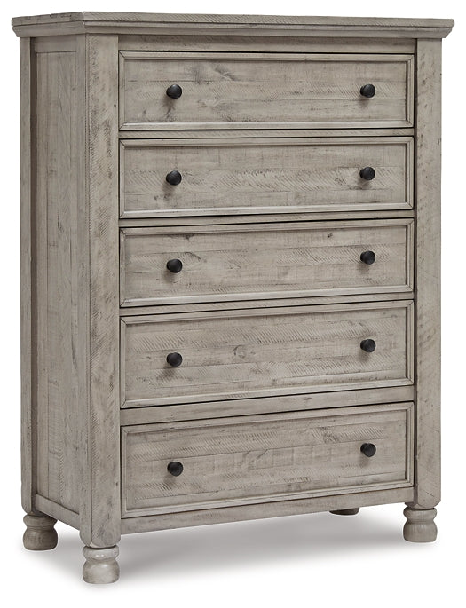 Harrastone King Panel Bed with Mirrored Dresser and Chest