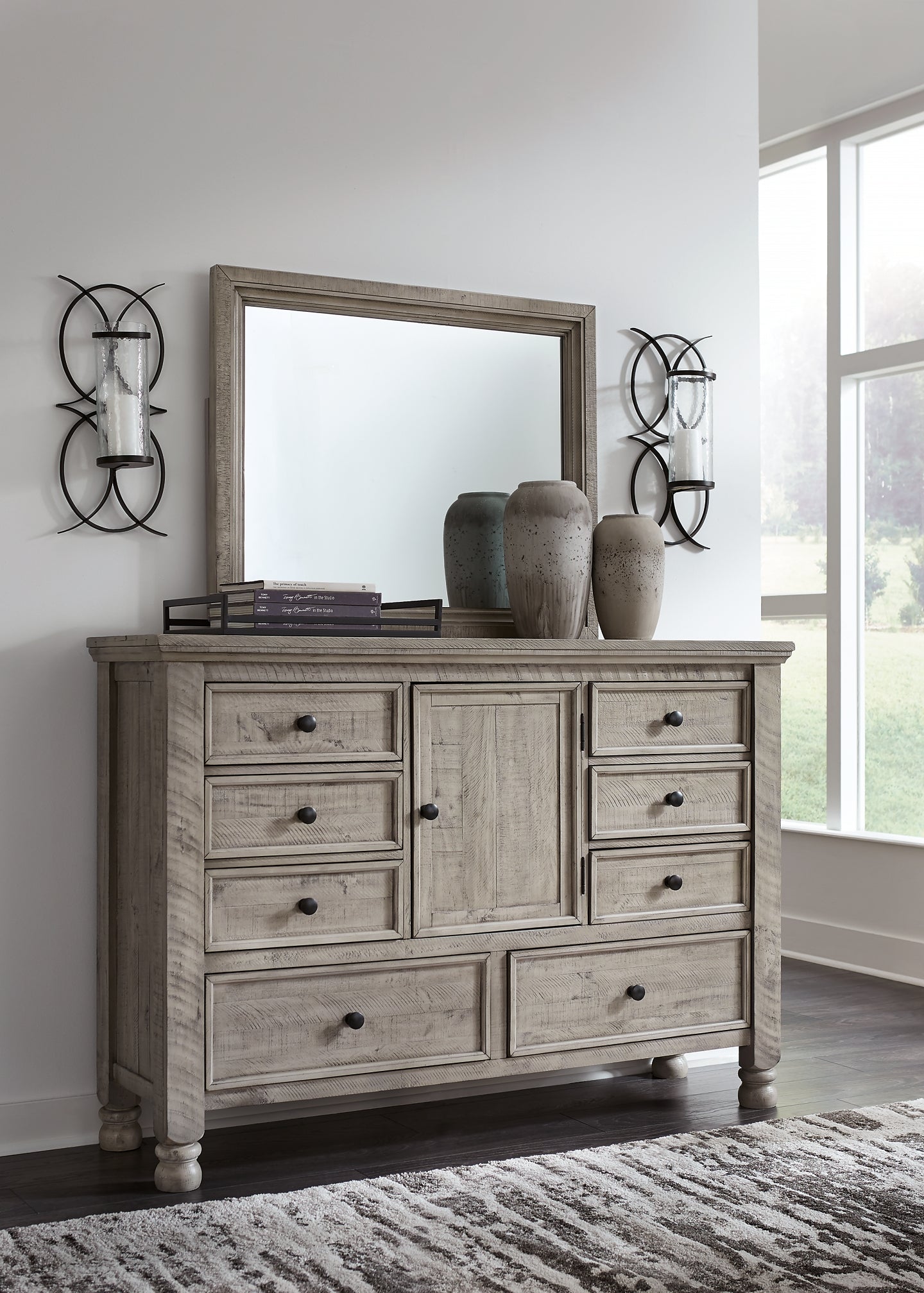 Harrastone California King Panel Bed with Mirrored Dresser