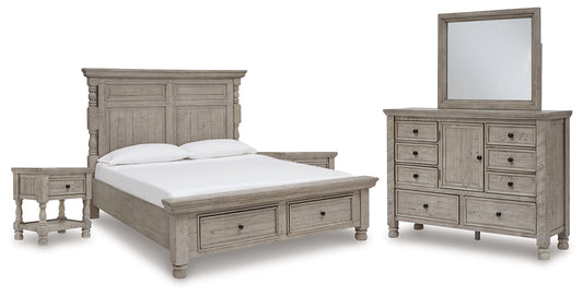 Cama California King con paneles Harrastone, tocador con espejo y dos mesitas de noche