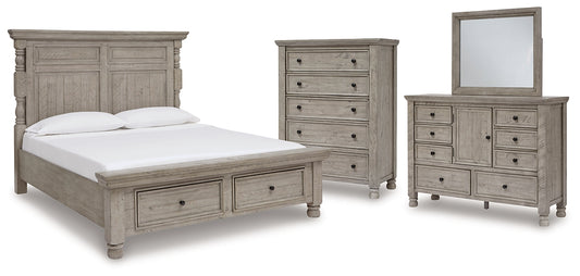 Harrastone California King Panel Bed with Mirrored Dresser and Chest